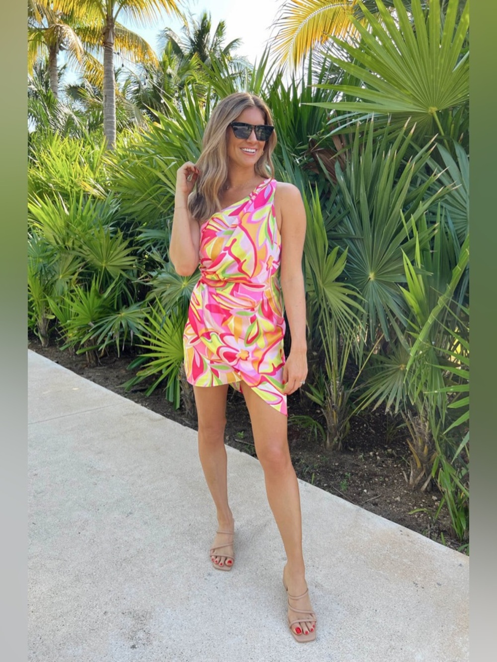 DO+BE Satin One Shoulder Ruched Abstract Floral Tropical Print Dress Size L - Picture 3 of 8